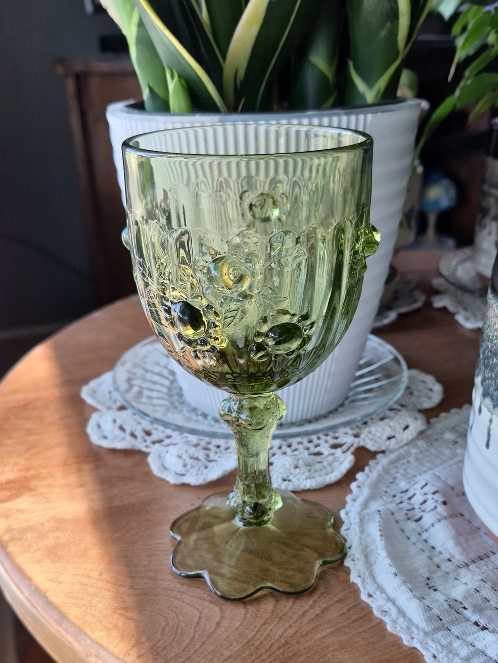 Fenton Green Cabbage Rose Goblet - Decorative Wine Glass